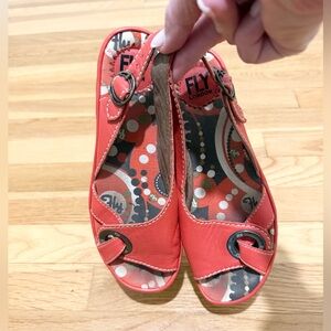 Fly London Orange Leather Wedge Sandals | Peep Toe | EUC